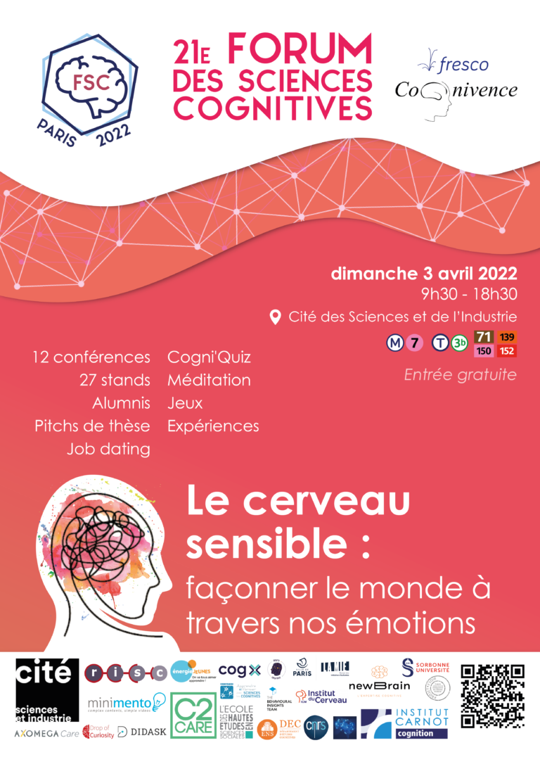 Affiche présentant les informations du Forum des Sciences Cognitives de Paris, qui aura lieu le dimanche 3 avril à la Cité des Sciences et de l'Industrie à Paris. Au programme conférences, stands, animations, job dating, cogni'quiz, méditation...
